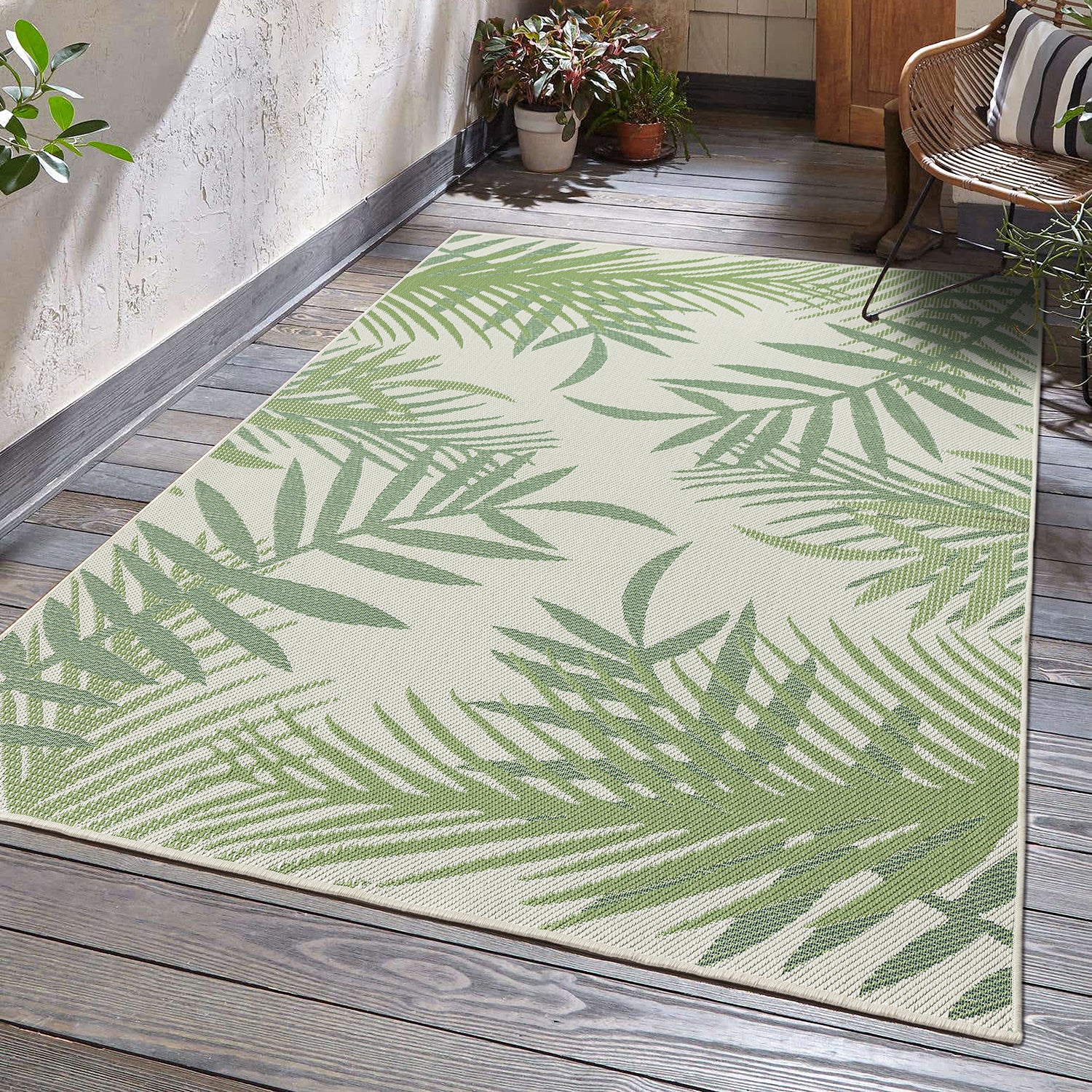 Flatweave carpet for patio, balcony, kitchen, indoor and outdoor use, palm motif, green and black-zoom-5