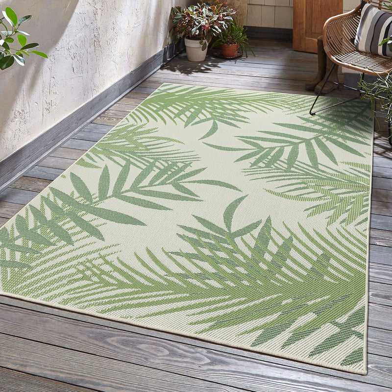 Flatweave carpet for patio, balcony, kitchen, indoor and outdoor use, palm motif, green and black-zoom-