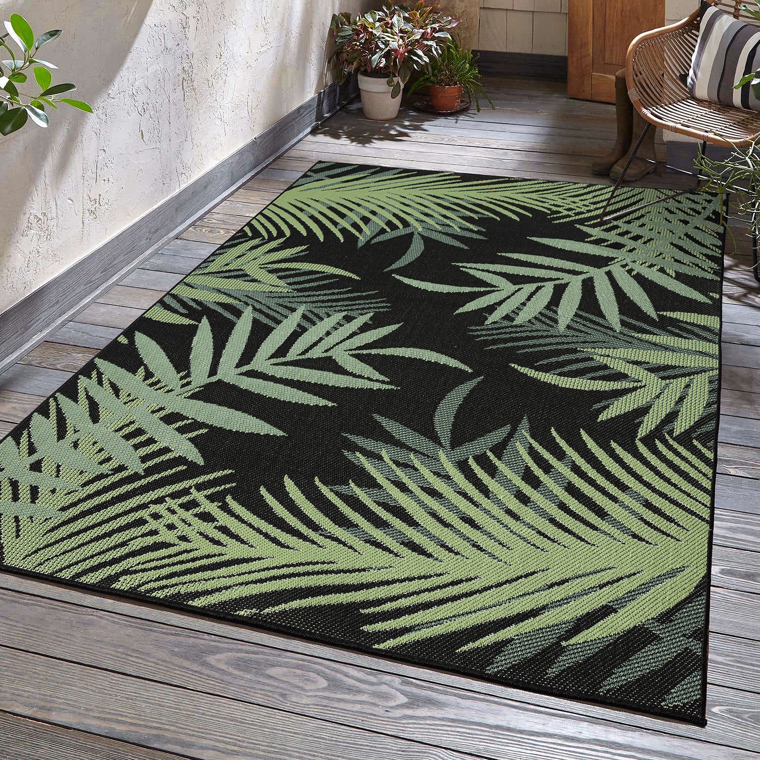 Flatweave carpet for patio, balcony, kitchen, indoor and outdoor use, palm motif, green and black-14