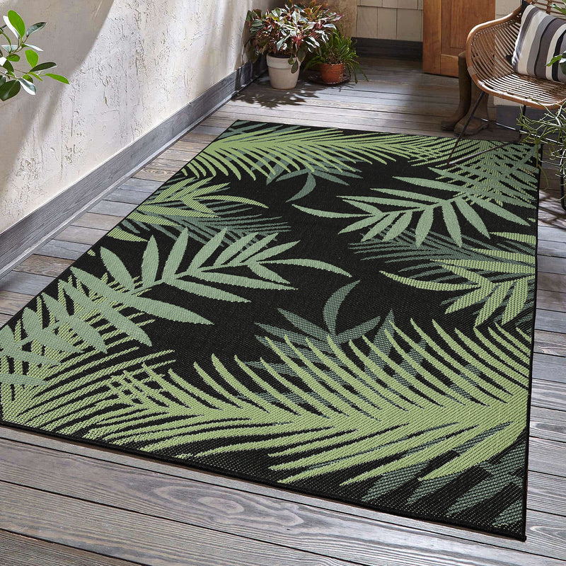 Flatweave carpet for patio, balcony, kitchen, indoor and outdoor use, palm motif, green and black-zoom-