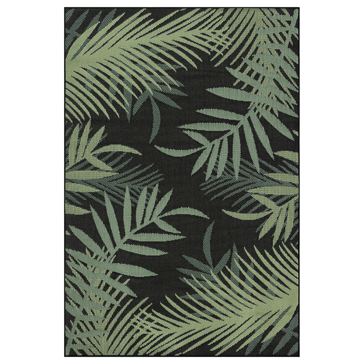 Flatweave carpet for patio, balcony, kitchen, indoor and outdoor use, palm motif, green and black