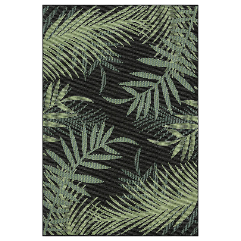 Flatweave carpet for patio, balcony, kitchen, indoor and outdoor use, palm motif, green and black-zoom-