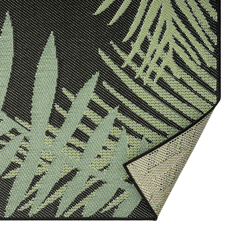 Flatweave carpet for patio, balcony, kitchen, indoor and outdoor use, palm motif, green and black-zoom-
