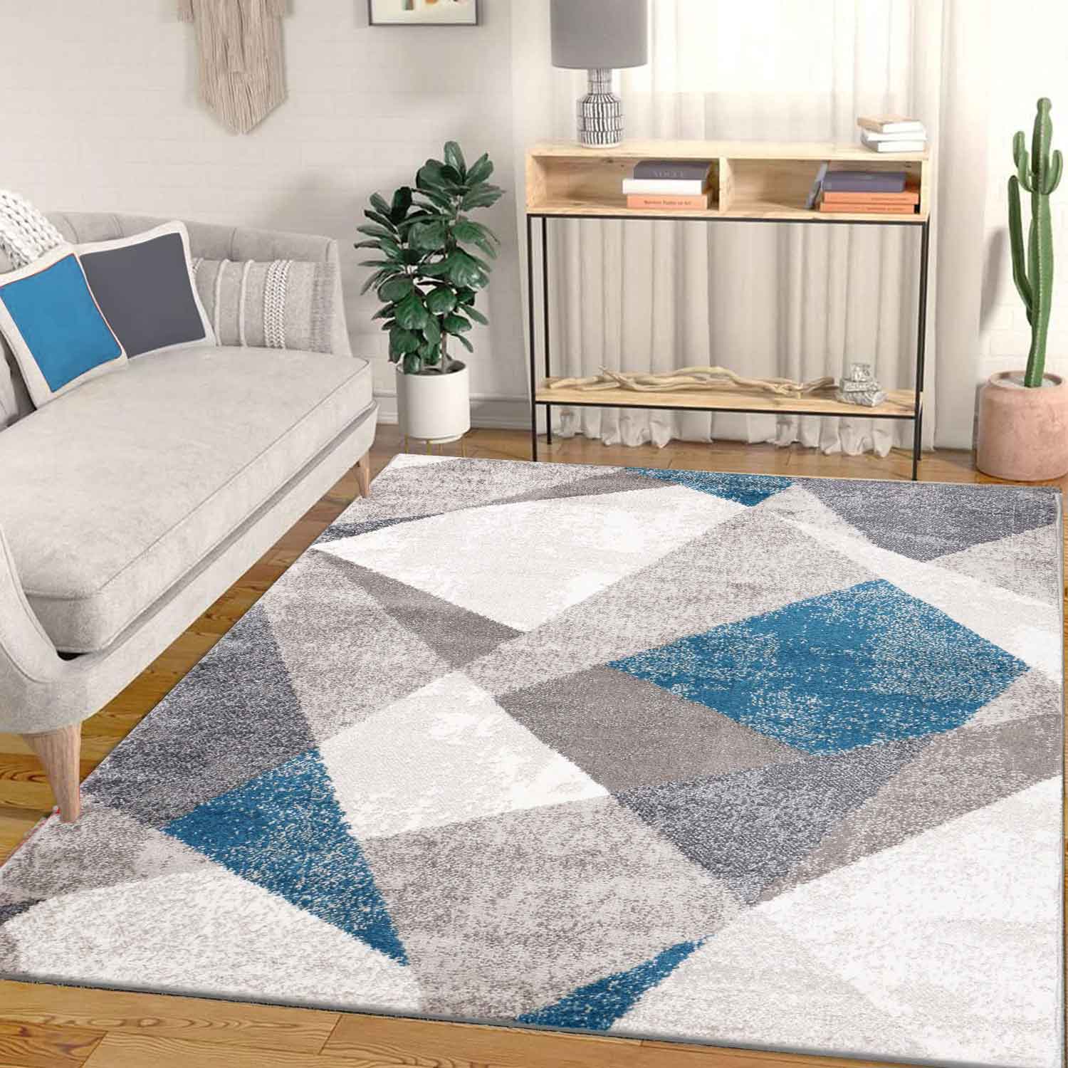 Carpet with geometric patterns, marble look, modern grey, blue, beige melange
