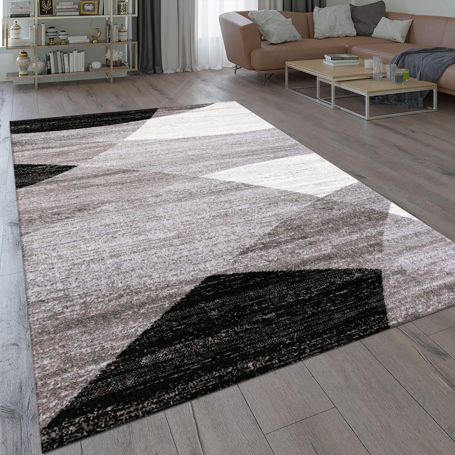Geometric Pattern Mottled Rug in Grey, White, and Black, Short Pile Runner for Living Room