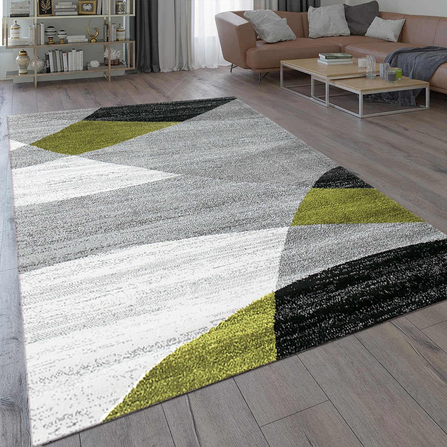 Geometric patterned rug in green, grey, white, and black, short pile, for living room-zoom-1