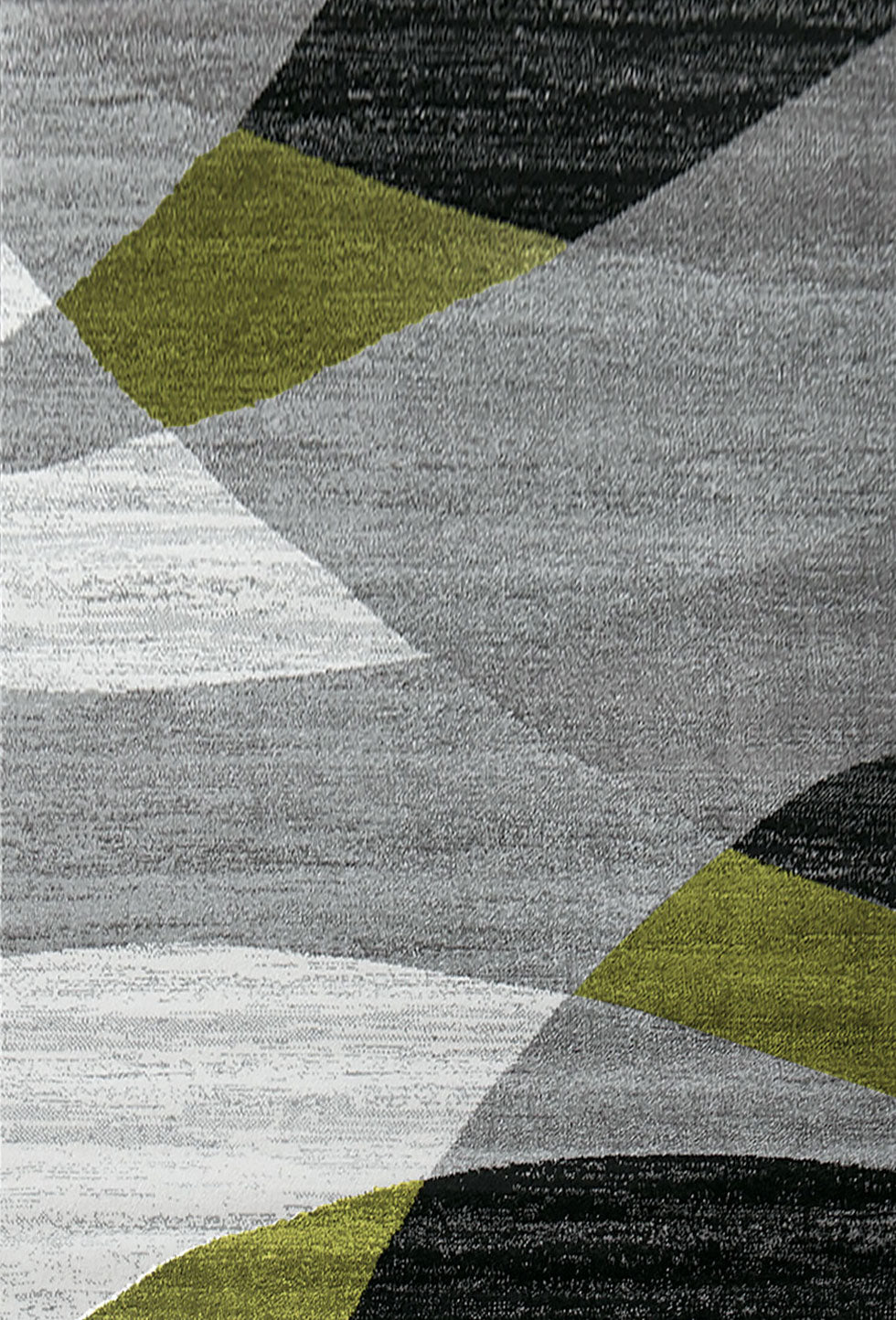 Geometric patterned rug in green, grey, white, and black, short pile, for living room