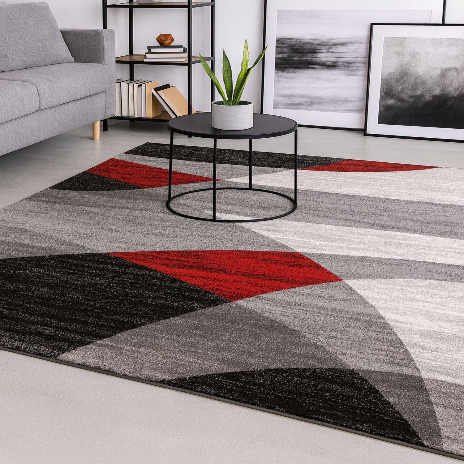 Geometric patterned rug in red, grey, white, and black, short pile, for living room-1