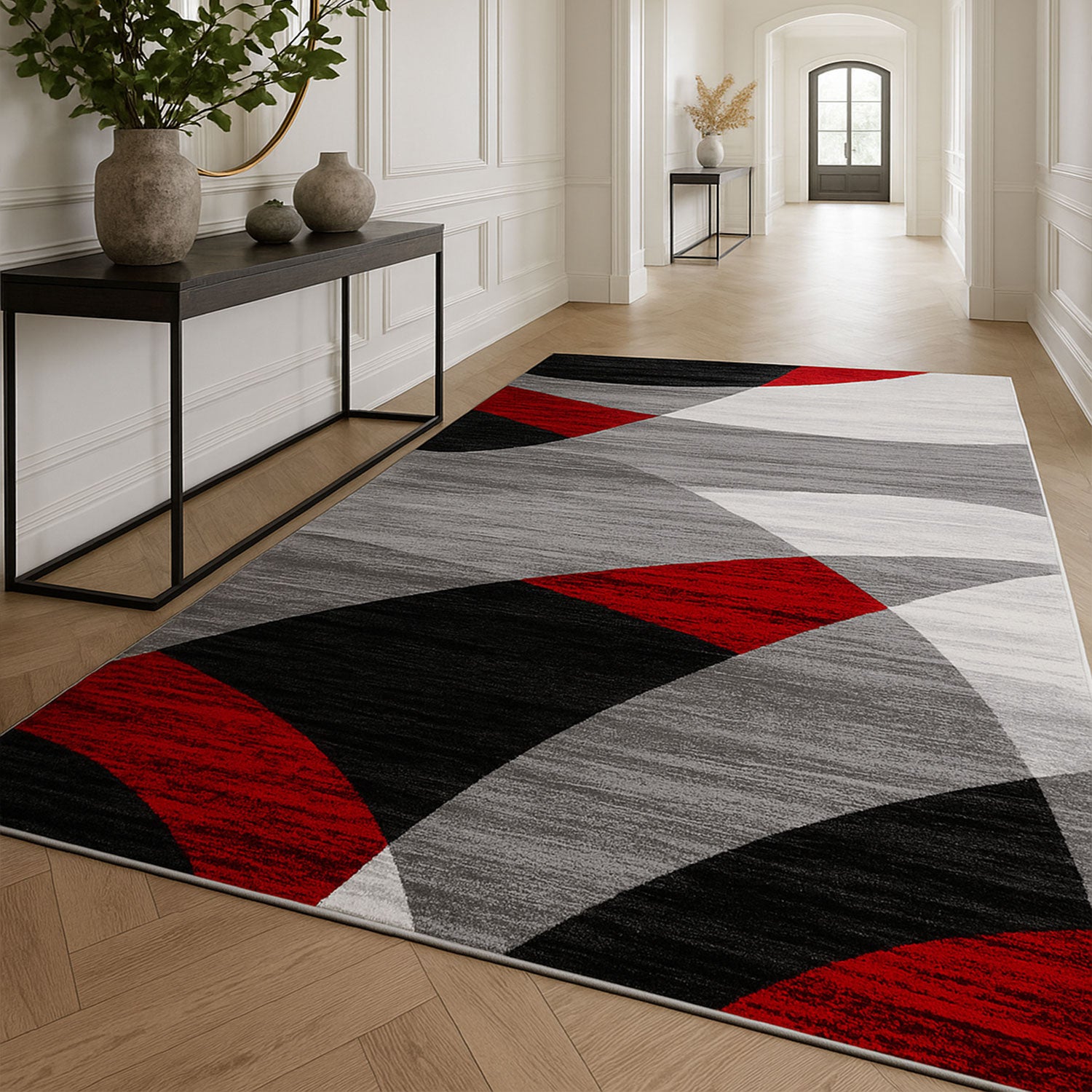 Geometric patterned rug in red, grey, white, and black, short pile, for living room-zoom-3
