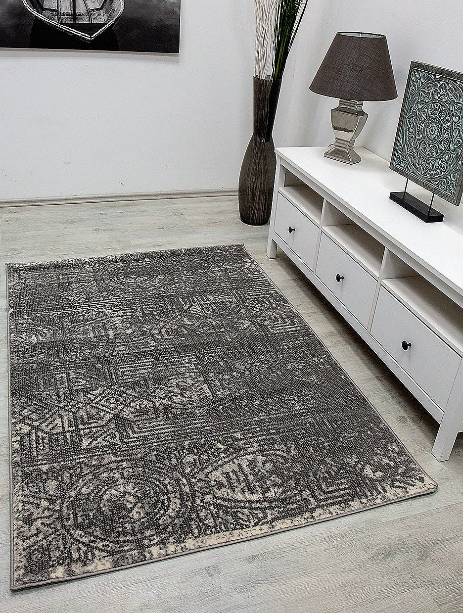 Grey Cream Abstract Vintage Look Carpet for Living Room Short Pile Designer Rug