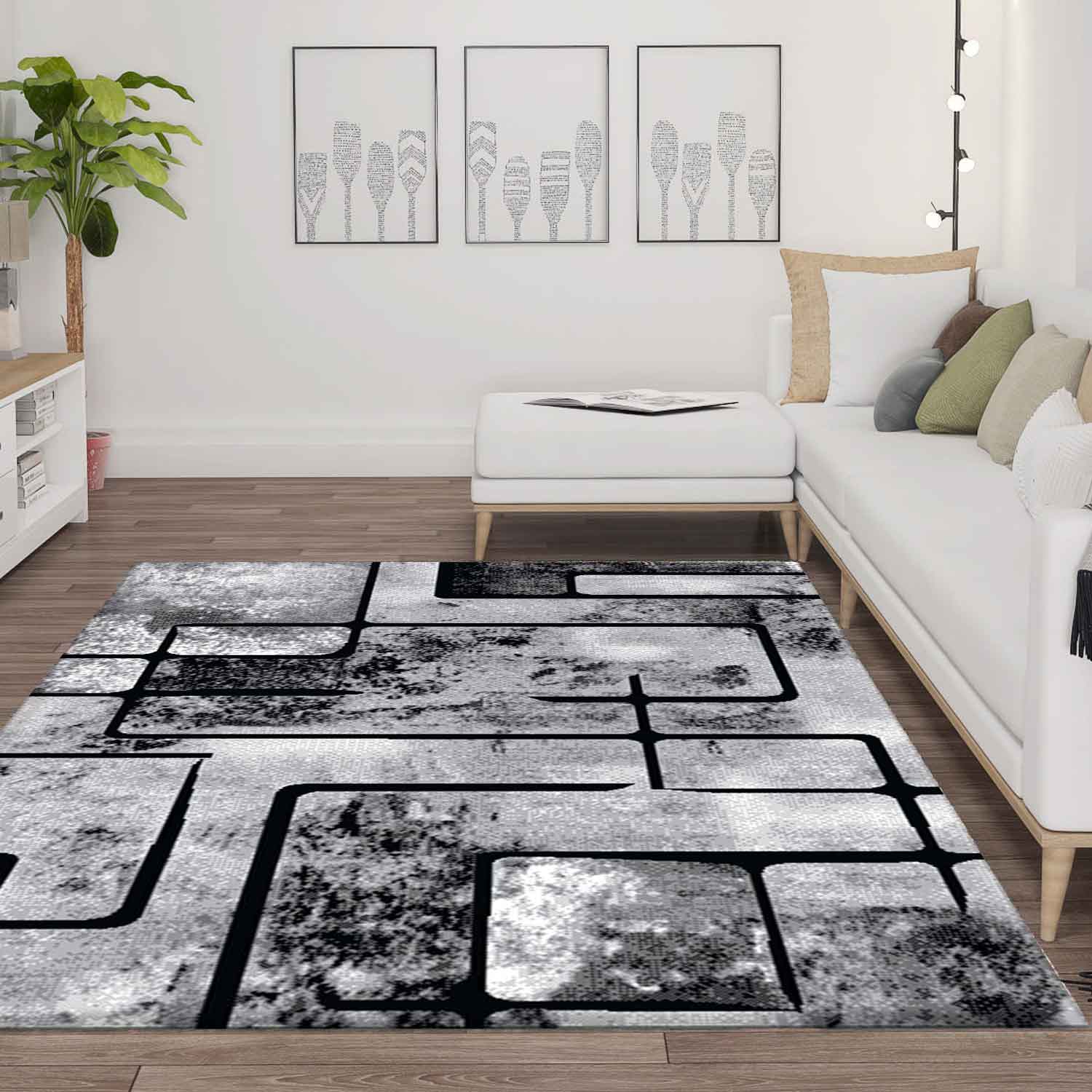 Grey living room rug, short pile, geometric pattern, abstract, mottled