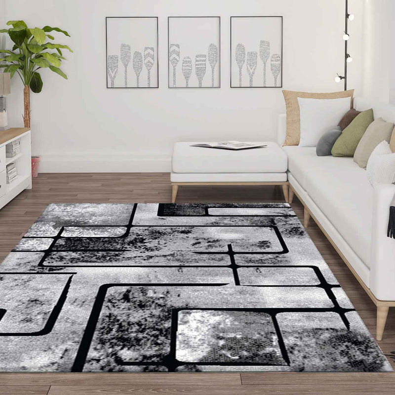 Grey living room rug, short pile, geometric pattern, abstract, mottled-zoom-