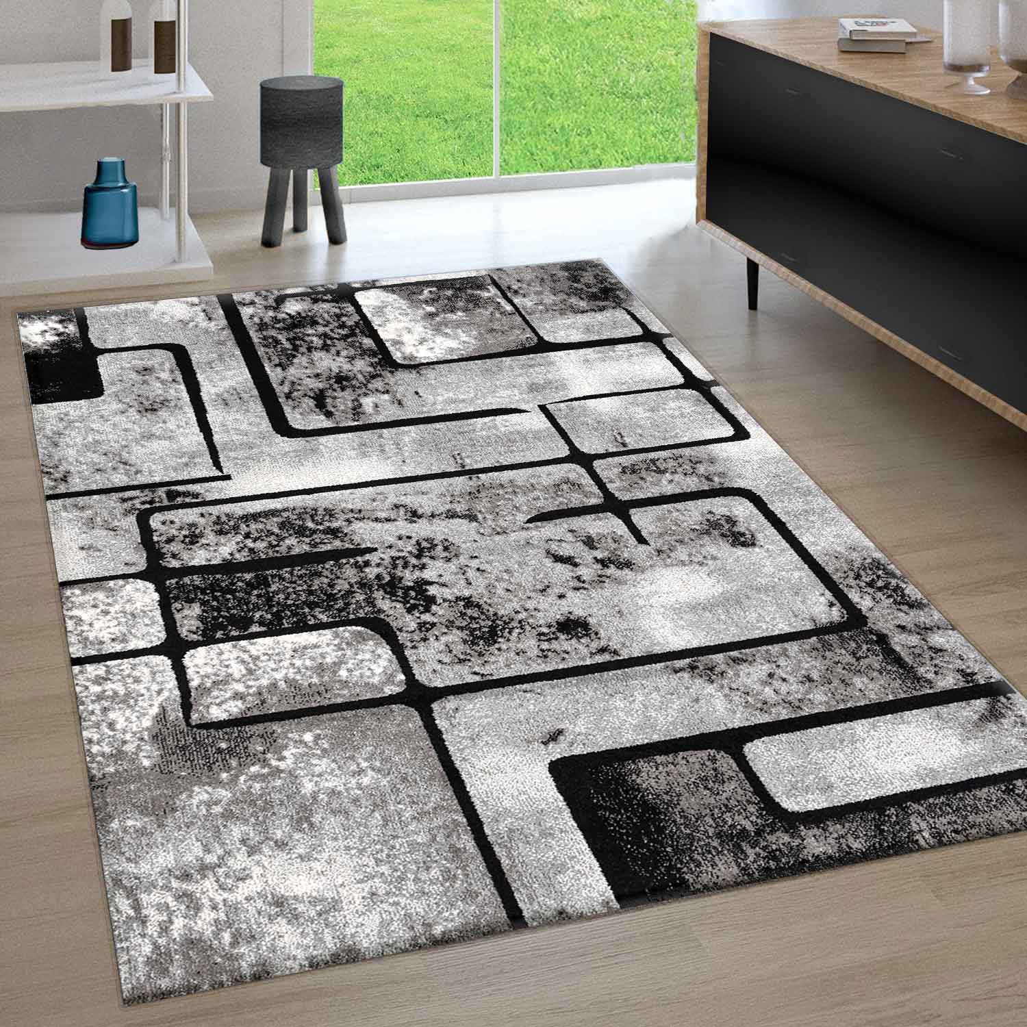 Teppich Grau Wohnzimmer Vintage Kurzflor Geometrisch Muster Abstrakt Meliert-zoom-2