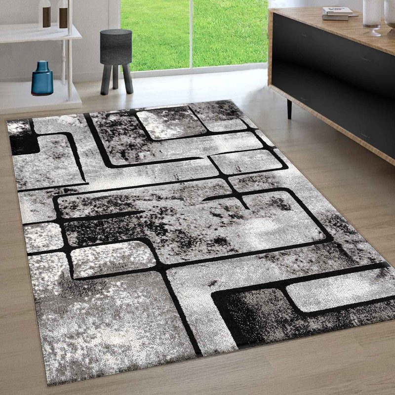 Teppich Grau Wohnzimmer Vintage Kurzflor Geometrisch Muster Abstrakt Meliert-zoom-