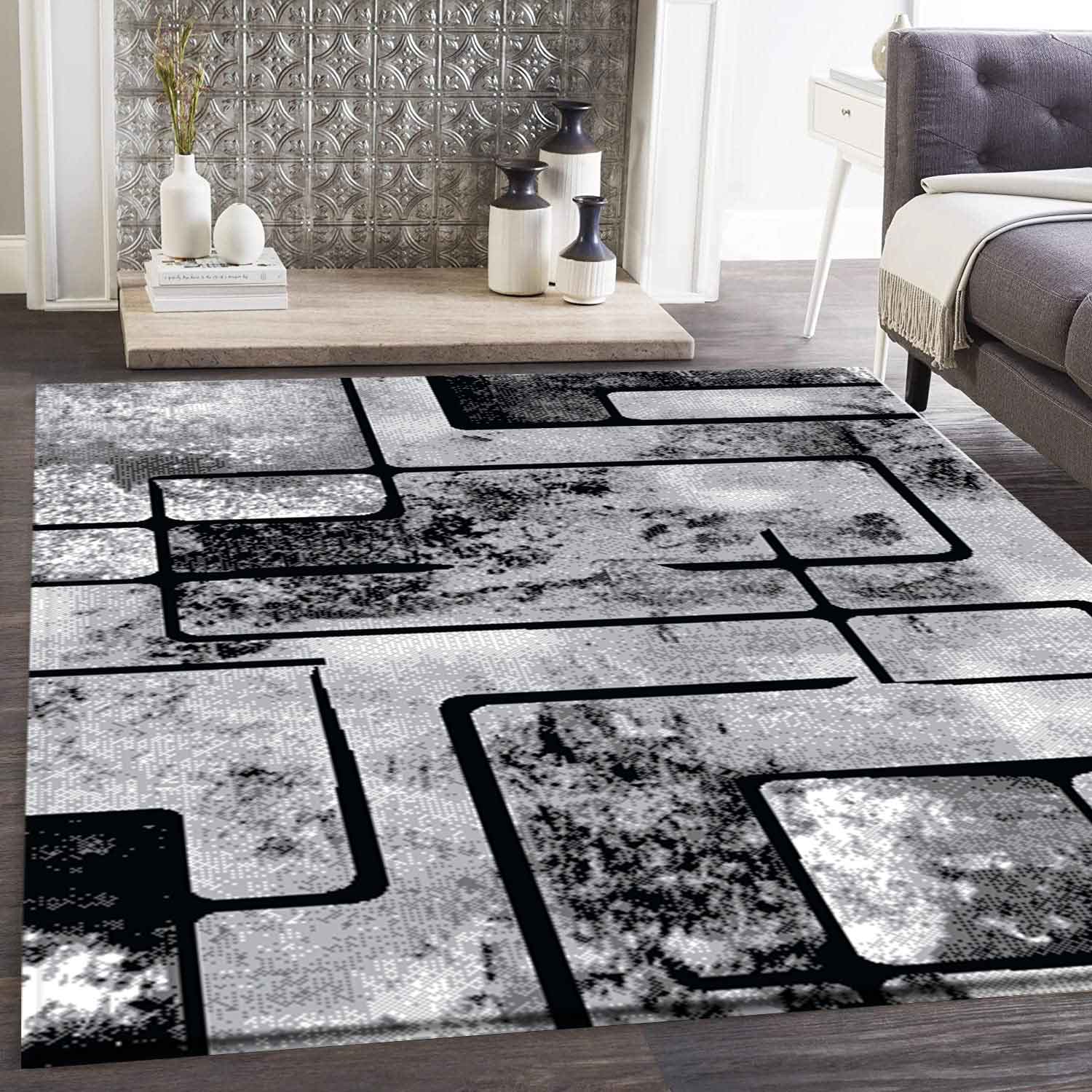 Teppich Grau Wohnzimmer Vintage Kurzflor Geometrisch Muster Abstrakt Meliert