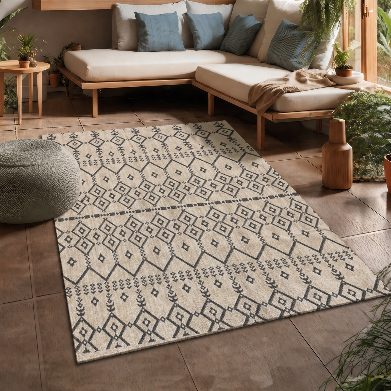 Indoor and outdoor flatweave carpet for patios, balconies, and conservatories; durable; boho embossed design