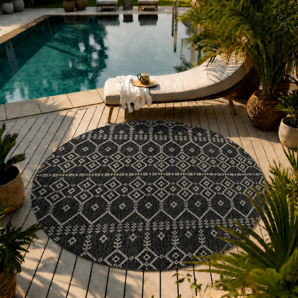 Indoor and outdoor flatweave carpet for patios, balconies, and conservatories; durable; boho embossed design-zoom-9