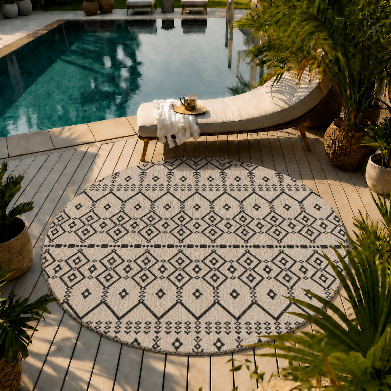 Indoor and outdoor flatweave carpet for patios, balconies, and conservatories; durable; boho embossed design-4