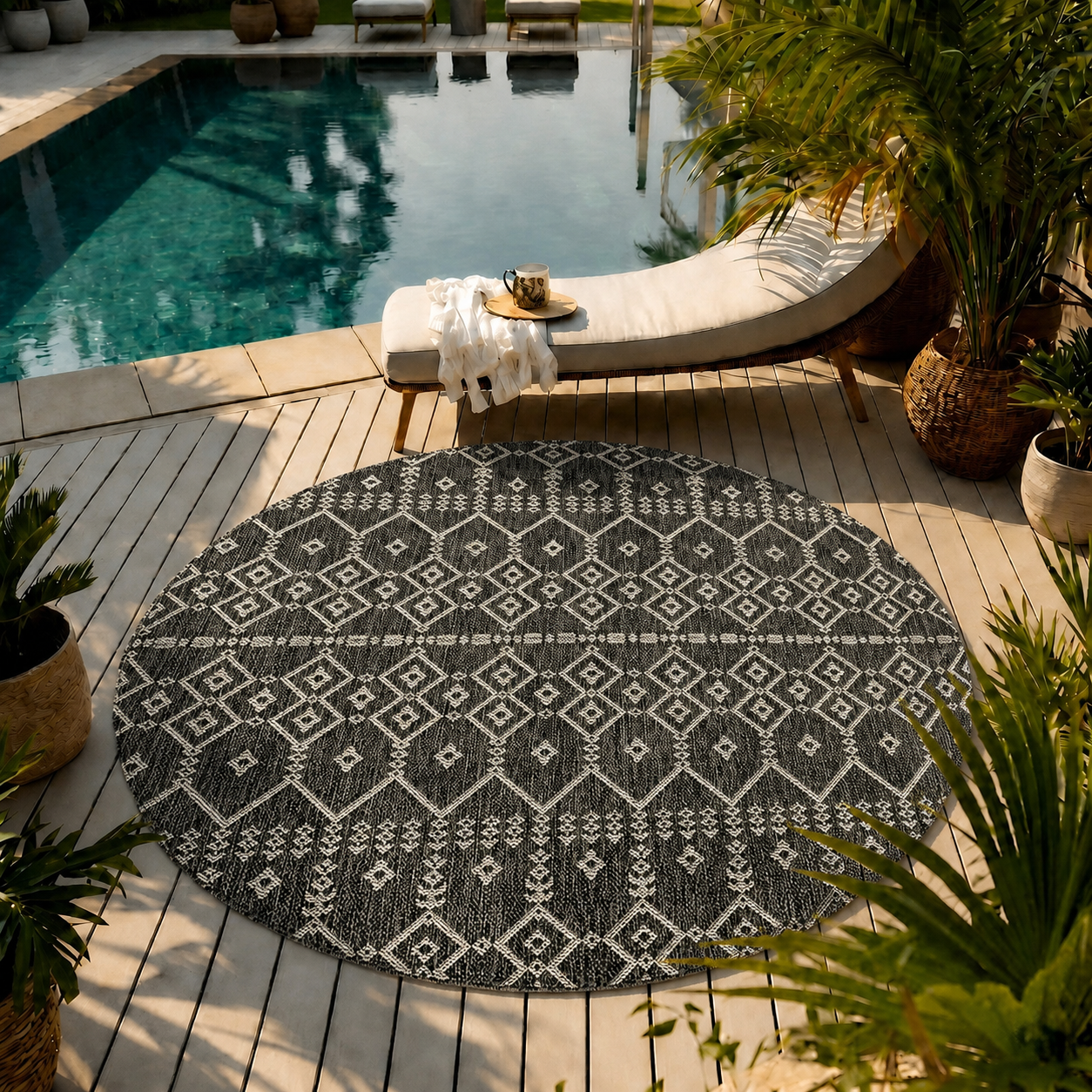 Indoor and outdoor flatweave carpet for patios, balconies, and conservatories; durable; boho embossed design-zoom-15