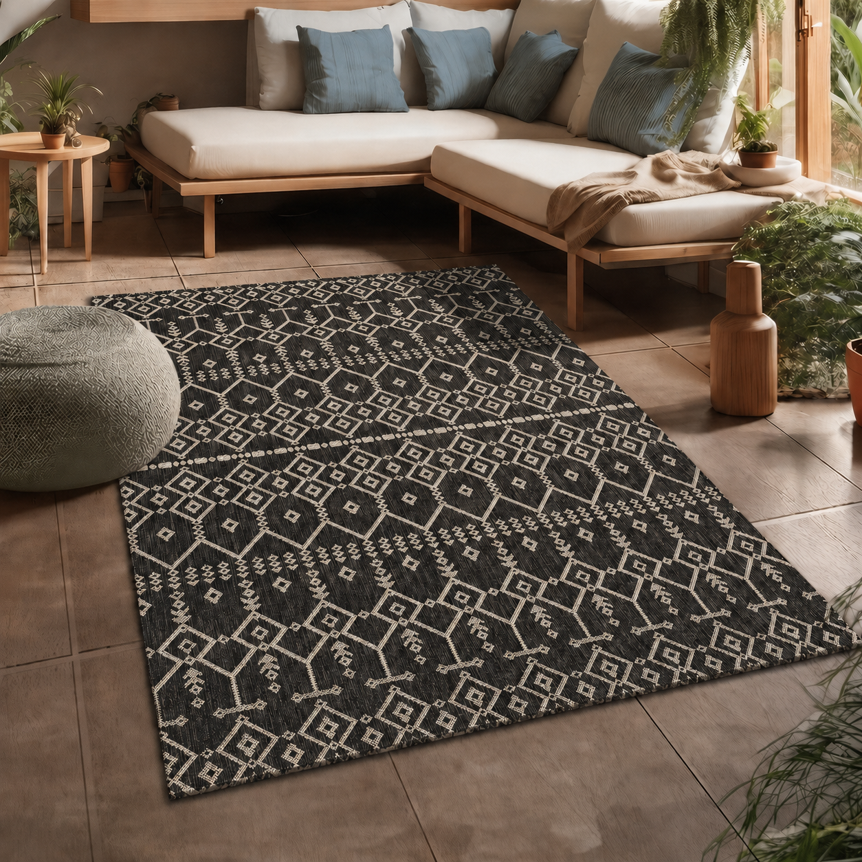 Indoor and outdoor flatweave carpet for patios, balconies, and conservatories; durable; boho embossed design-7