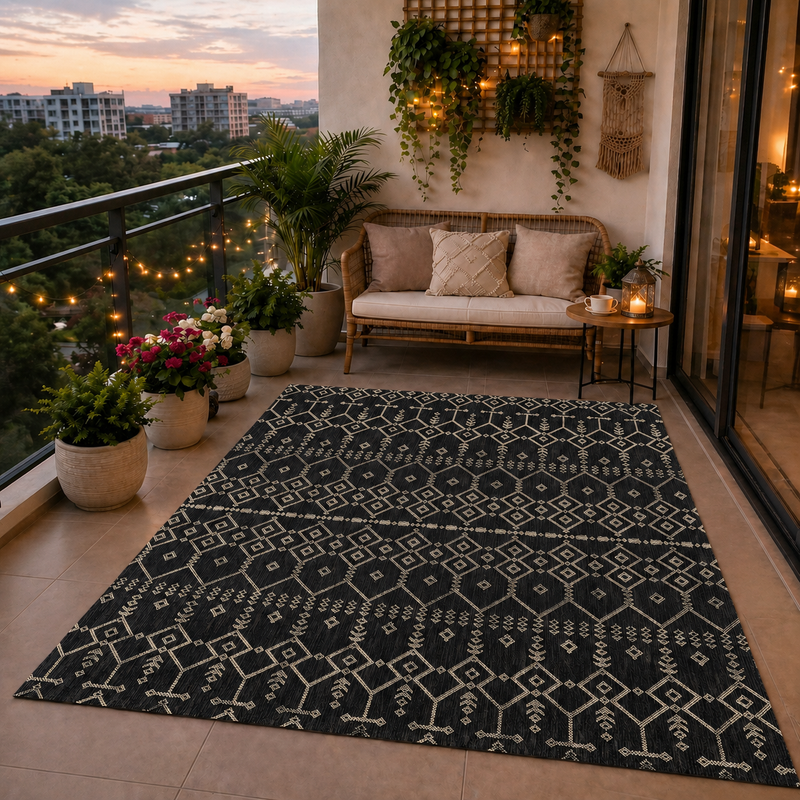 Indoor and outdoor flatweave carpet for patios, balconies, and conservatories; durable; boho embossed design-zoom-
