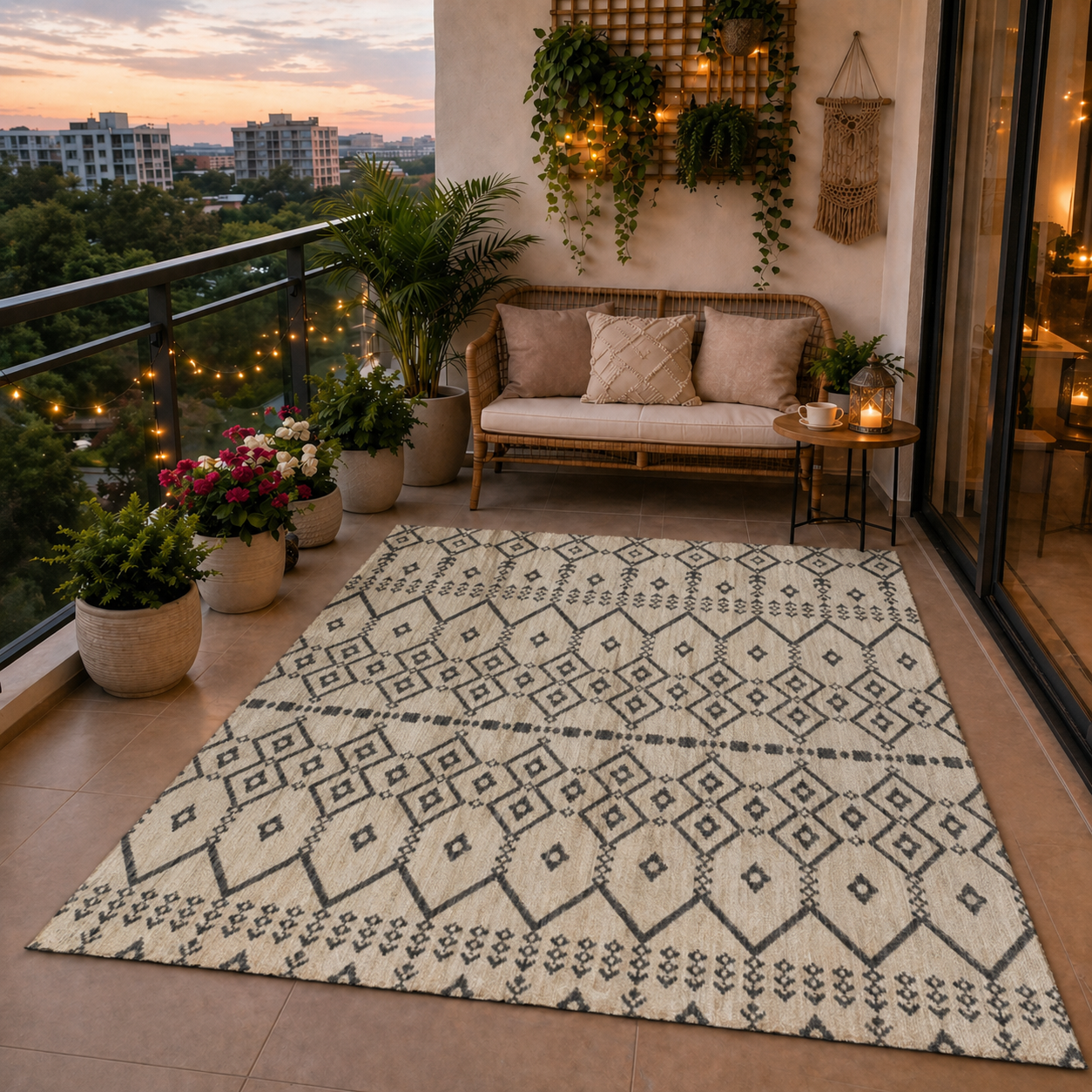 Indoor and outdoor flatweave carpet for patios, balconies, and conservatories; durable; boho embossed design-zoom-2
