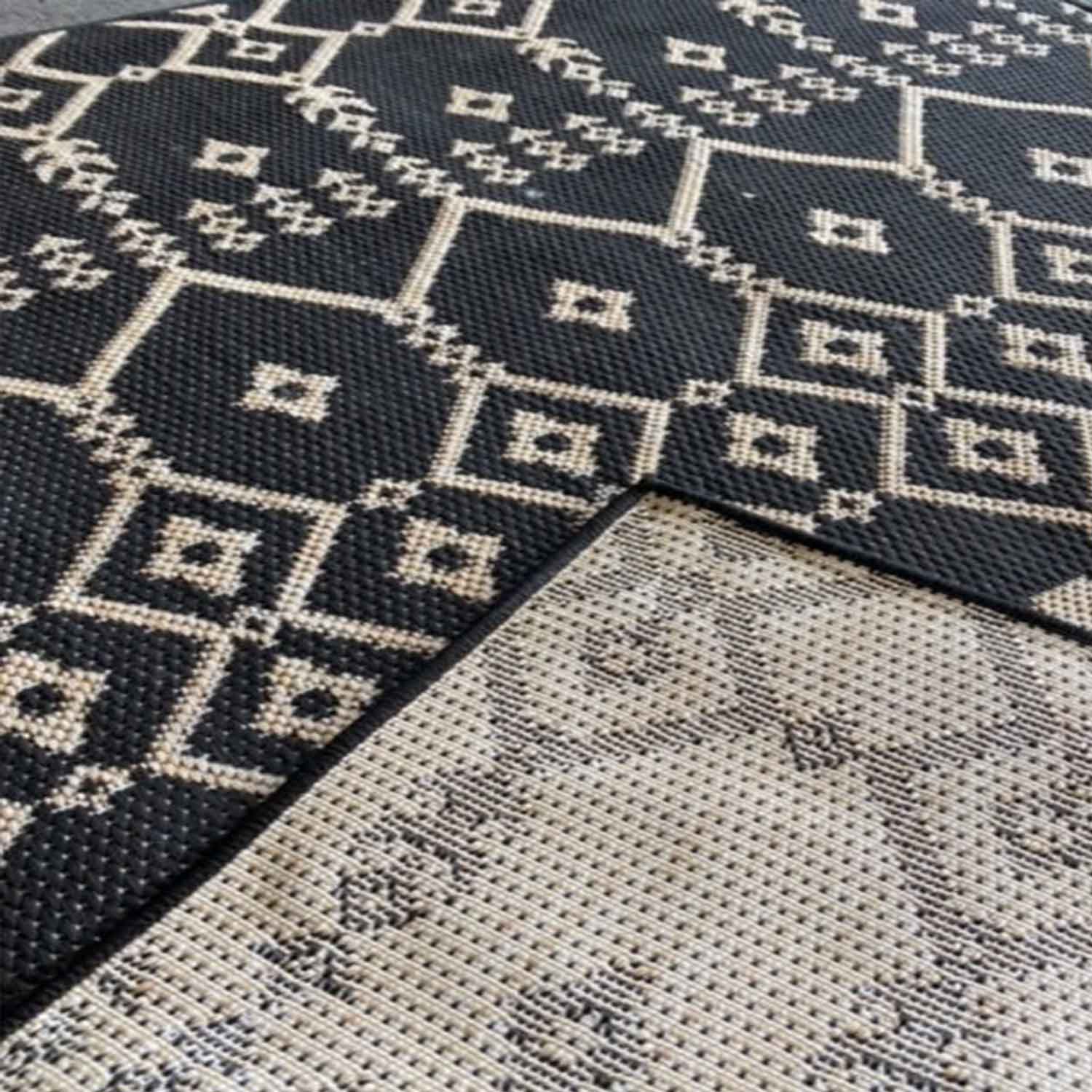Indoor and outdoor flatweave carpet for patios, balconies, and conservatories; durable; boho embossed design-11