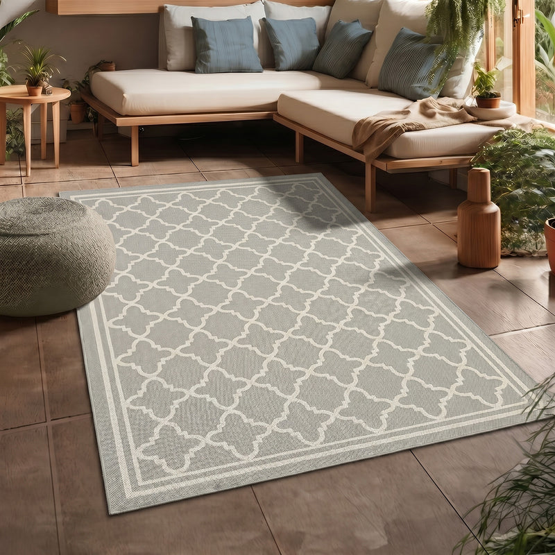 Indoor and outdoor flatweave carpet for patios, balconies, and conservatories; durable, with a Moroccan-inspired design-zoom-