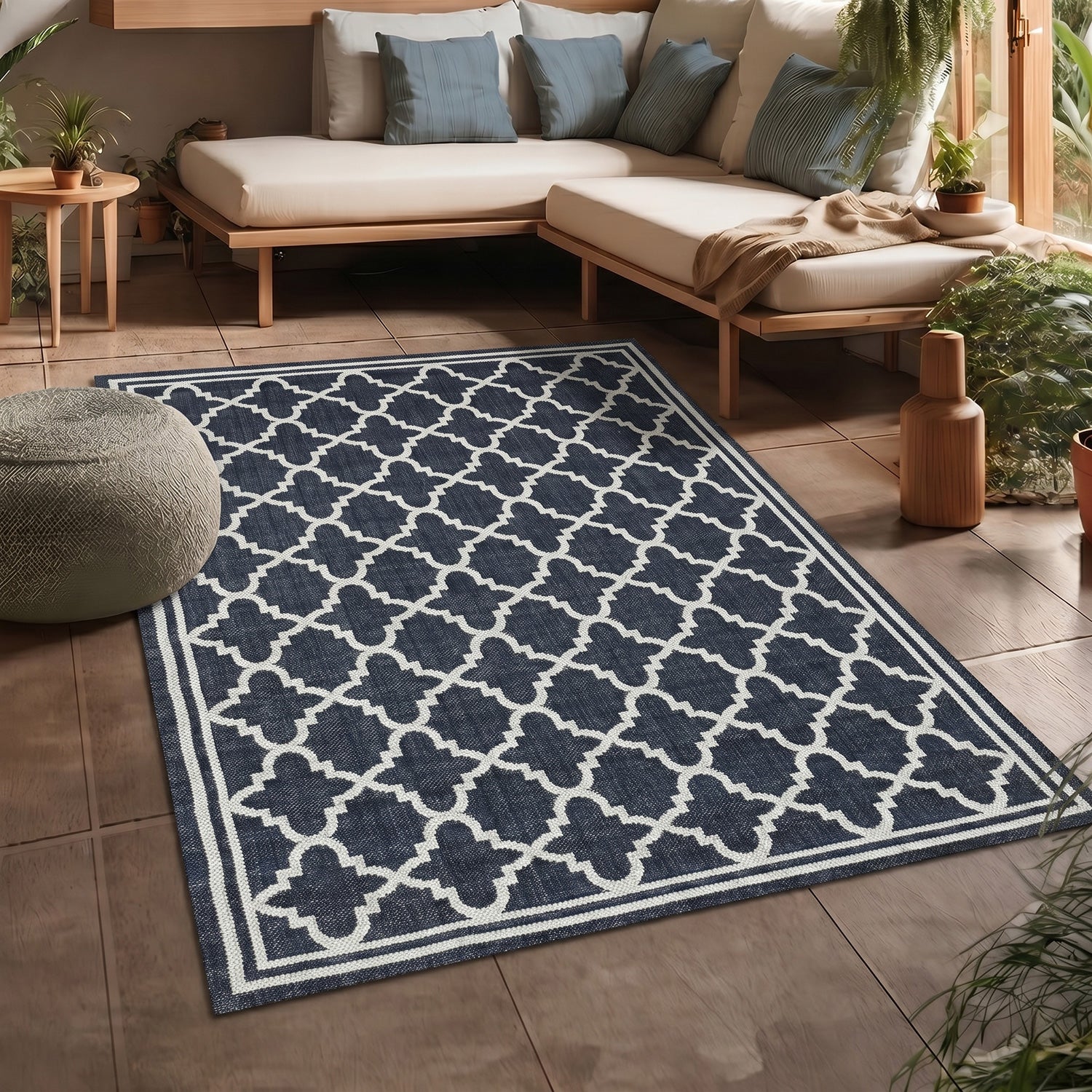 Indoor and outdoor flatweave carpet for patios, balconies, and conservatories; durable, with a Moroccan-inspired design-14