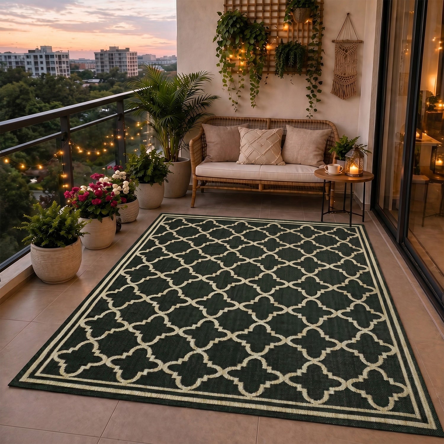 Indoor and outdoor flatweave carpet for patios, balconies, and conservatories; durable, with a Moroccan-inspired design-zoom-12