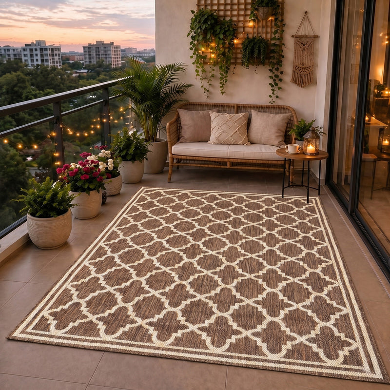 Indoor and outdoor flatweave carpet for patios, balconies, and conservatories; durable, with a Moroccan-inspired design-zoom-