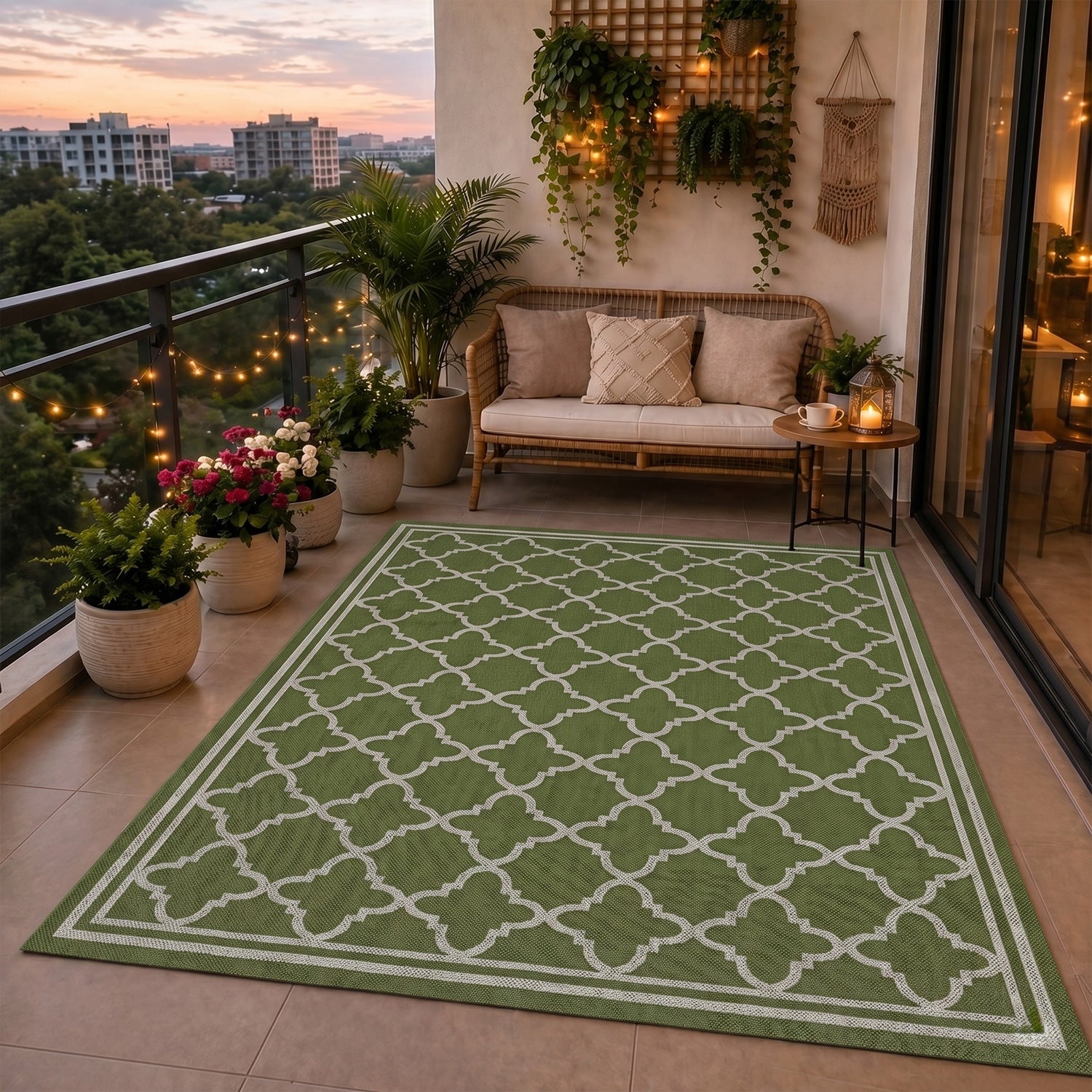 Indoor and outdoor flatweave carpet for patios, balconies, and conservatories; durable, with a Moroccan-inspired design-16