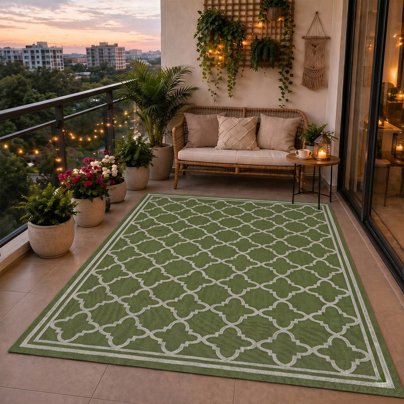 Indoor and outdoor flatweave carpet for patios, balconies, and conservatories; durable, with a Moroccan-inspired design-zoom-