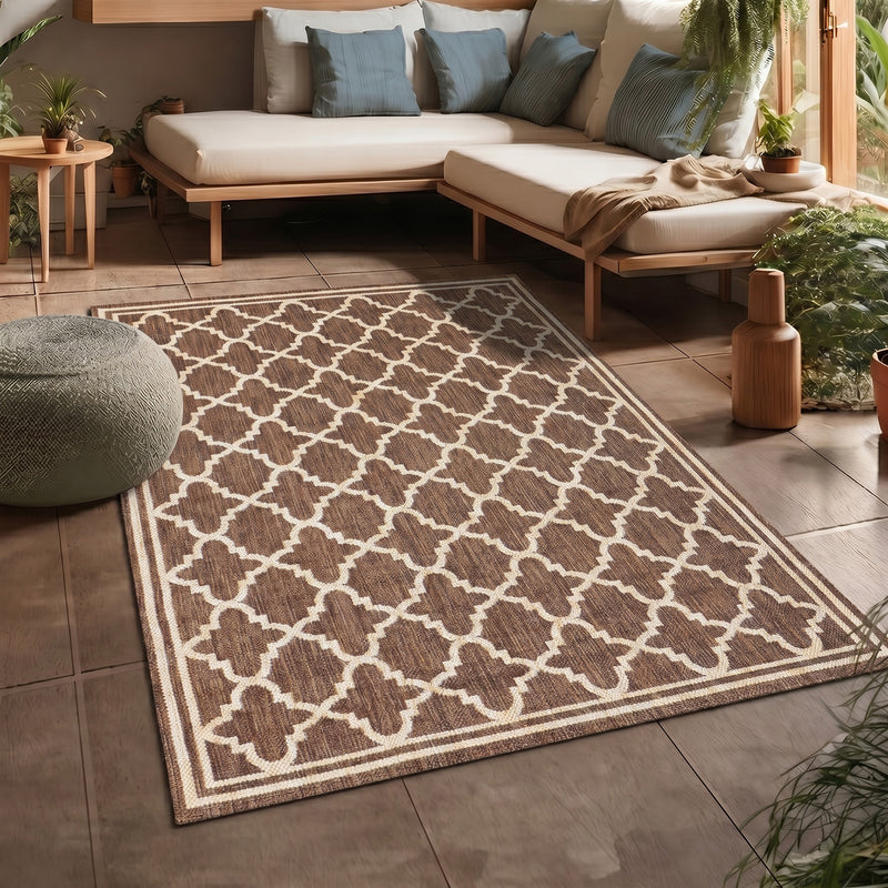 Indoor and outdoor flatweave carpet for patios, balconies, and conservatories; durable, with a Moroccan-inspired design-zoom-