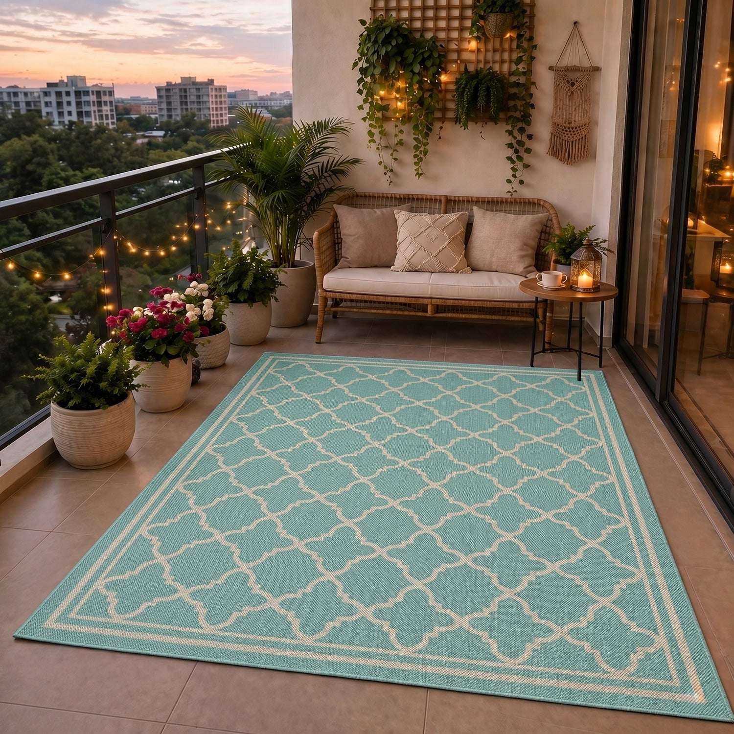 Indoor and outdoor flatweave carpet for patios, balconies, and conservatories; durable, with a Moroccan-inspired design-5