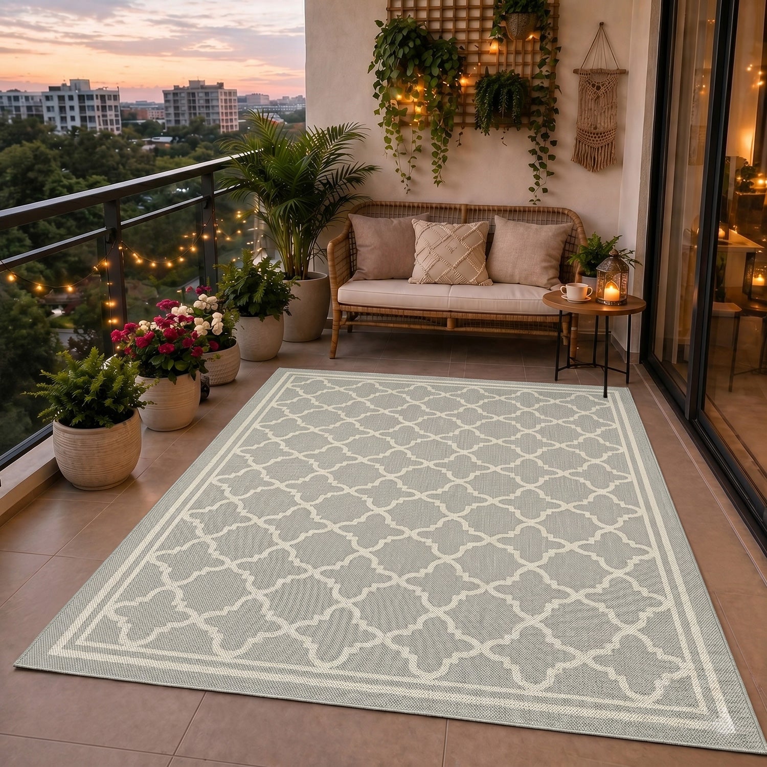 Indoor and outdoor flatweave carpet for patios, balconies, and conservatories; durable, with a Moroccan-inspired design-zoom-2