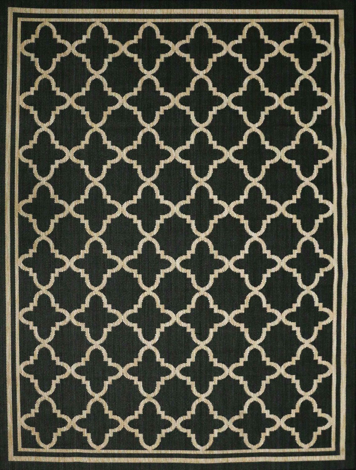 Indoor and outdoor flatweave carpet for patios, balconies, and conservatories; durable, with a Moroccan-inspired design