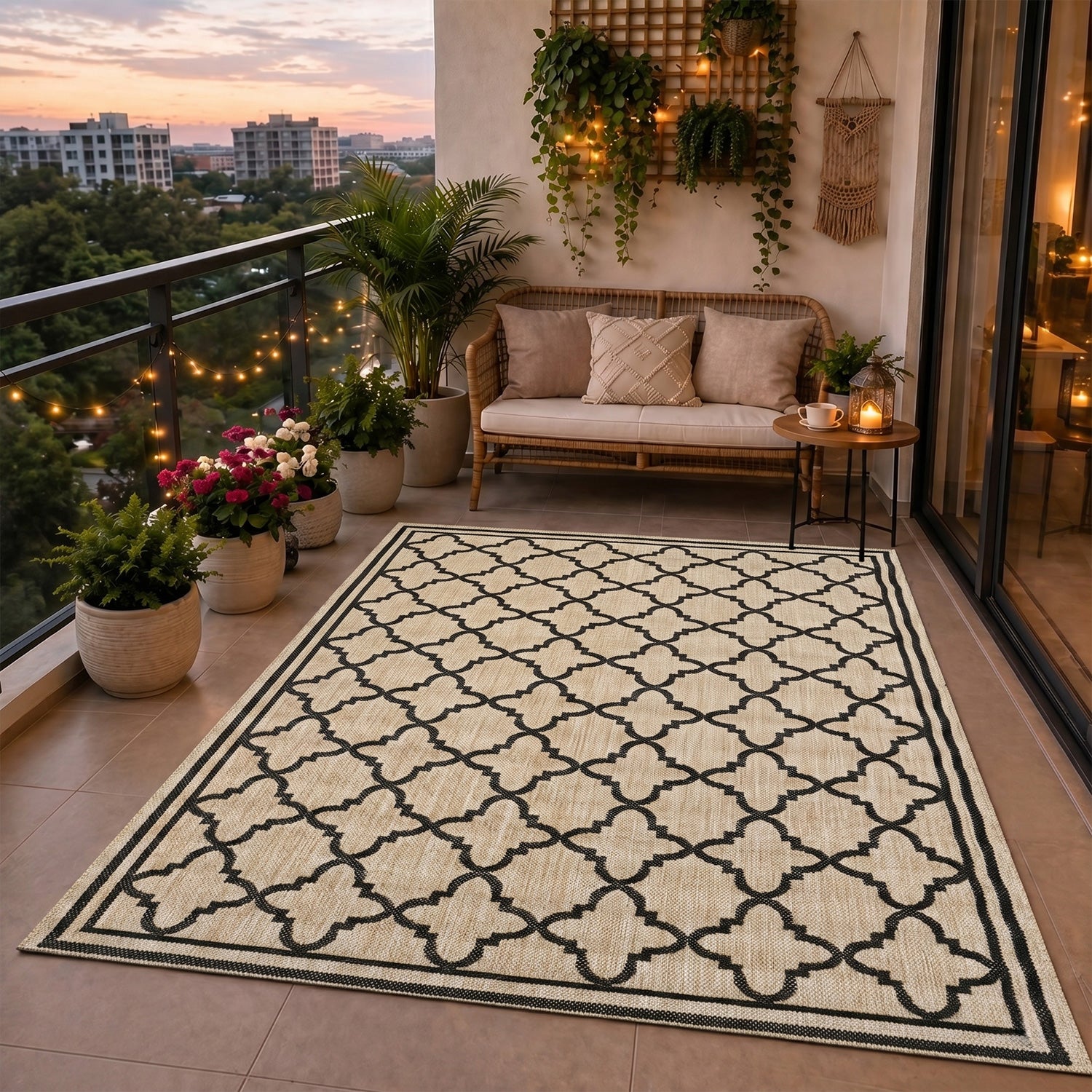 Indoor and outdoor flatweave carpet for patios, balconies, and conservatories; durable, with a Moroccan-inspired design-zoom-21