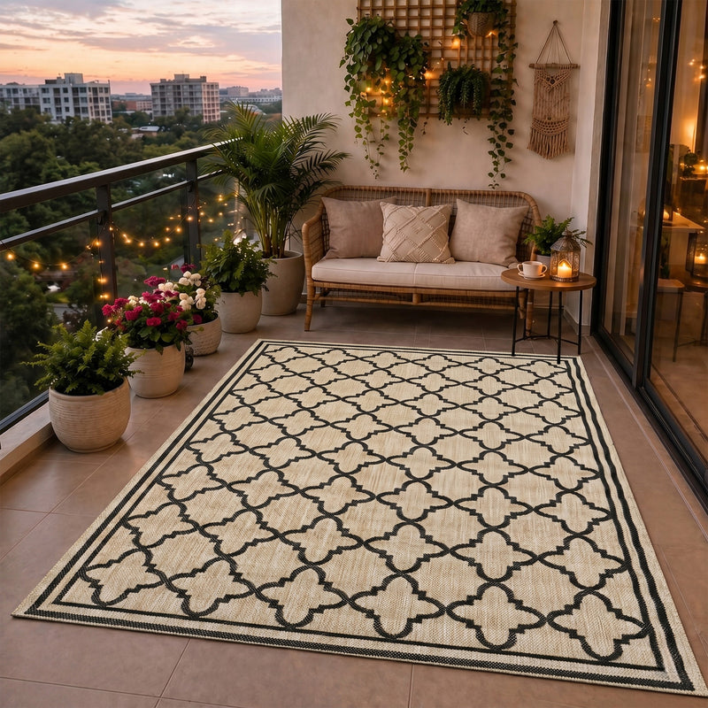Indoor and outdoor flatweave carpet for patios, balconies, and conservatories; durable, with a Moroccan-inspired design-zoom-