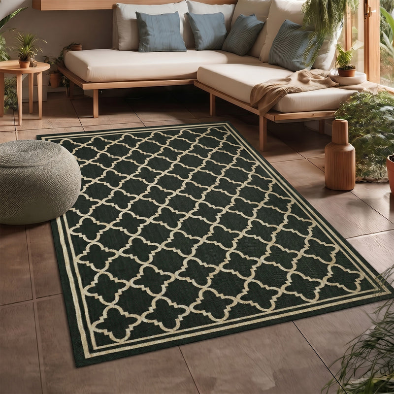Indoor and outdoor flatweave carpet for patios, balconies, and conservatories; durable, with a Moroccan-inspired design-zoom-