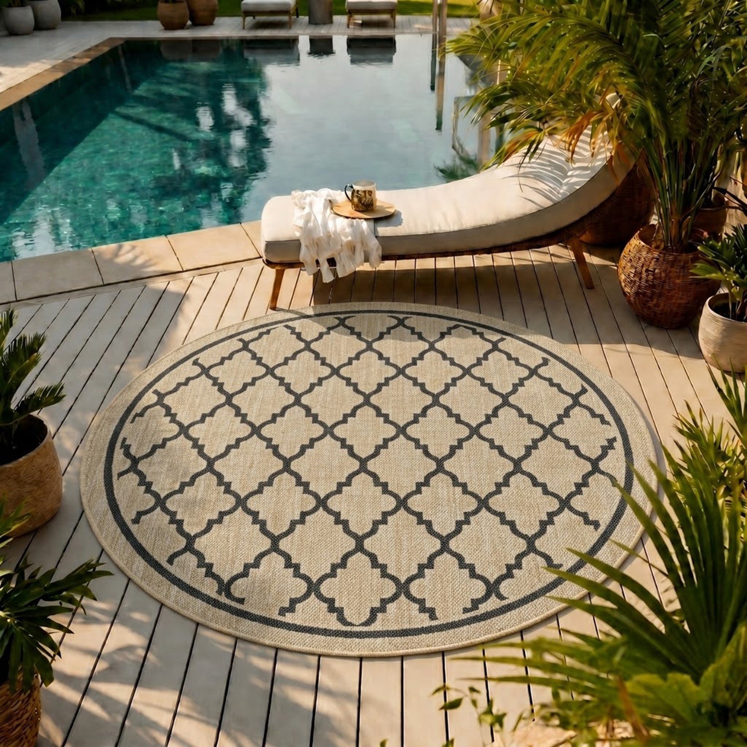 Indoor and outdoor flatweave carpet for patios, balconies, and conservatories; durable, with a Moroccan-inspired design-22