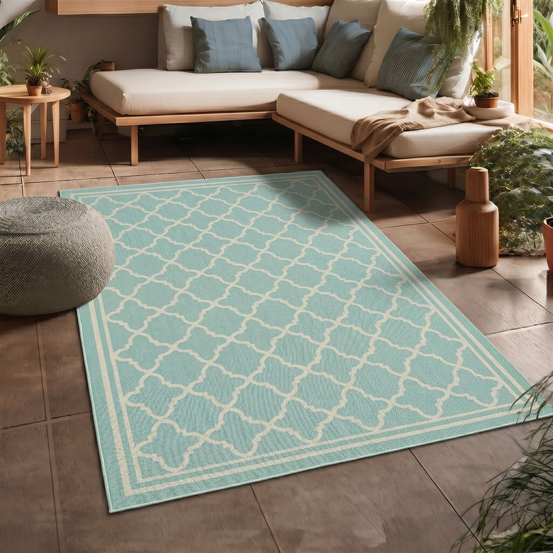 Indoor and outdoor flatweave carpet for patios, balconies, and conservatories; durable, with a Moroccan-inspired design-zoom-