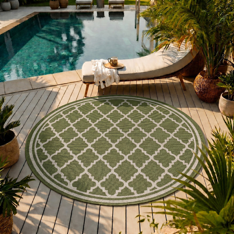 Indoor and outdoor flatweave carpet for patios, balconies, and conservatories; durable, with a Moroccan-inspired design-zoom-