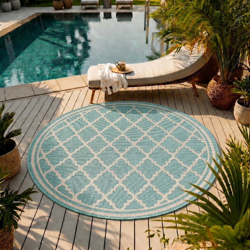 Indoor and outdoor flatweave carpet for patios, balconies, and conservatories; durable, with a Moroccan-inspired design-zoom-