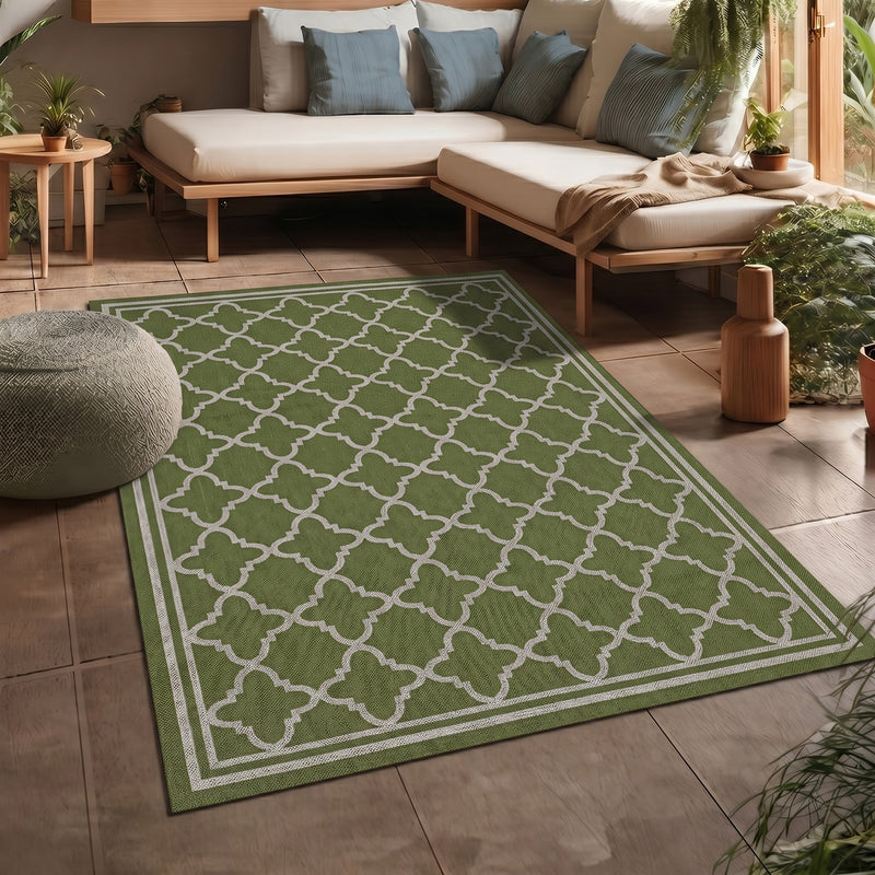 Indoor and outdoor flatweave carpet for patios, balconies, and conservatories; durable, with a Moroccan-inspired design-zoom-
