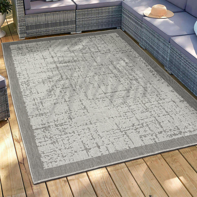 Indoor and outdoor flatweave carpet for patio, balcony, conservatory; durable; abstract; grey, anthracite, brown-zoom-