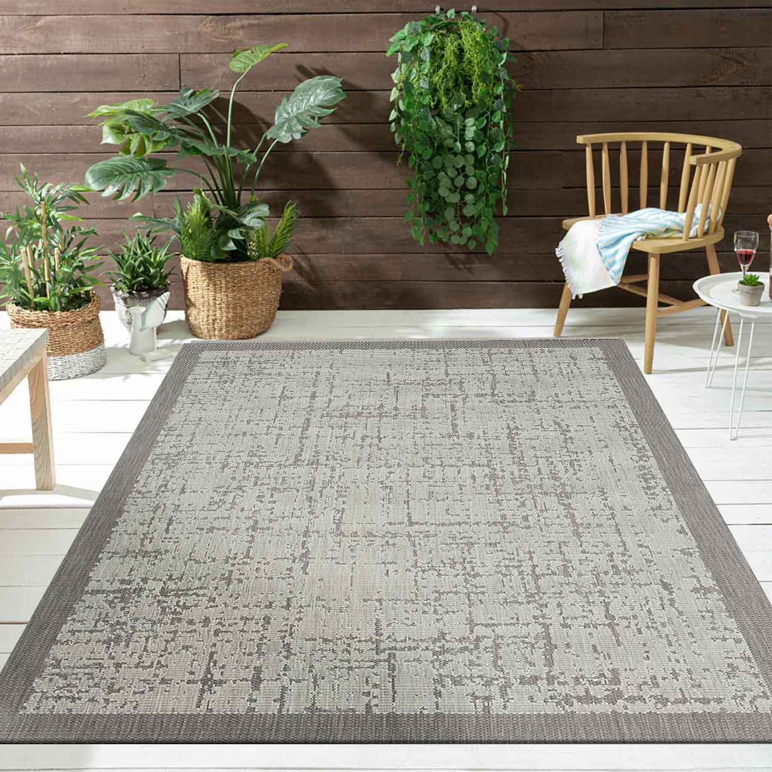 Indoor and outdoor flatweave carpet for patio, balcony, conservatory; durable; abstract; grey, anthracite, brown-6