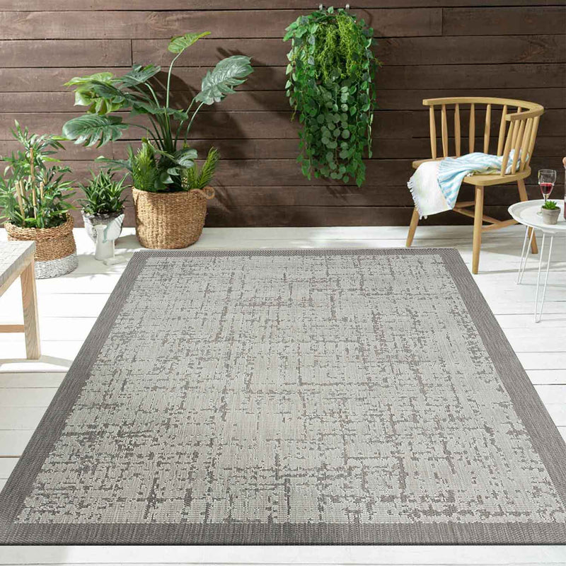 Indoor and outdoor flatweave carpet for patio, balcony, conservatory; durable; abstract; grey, anthracite, brown-zoom-