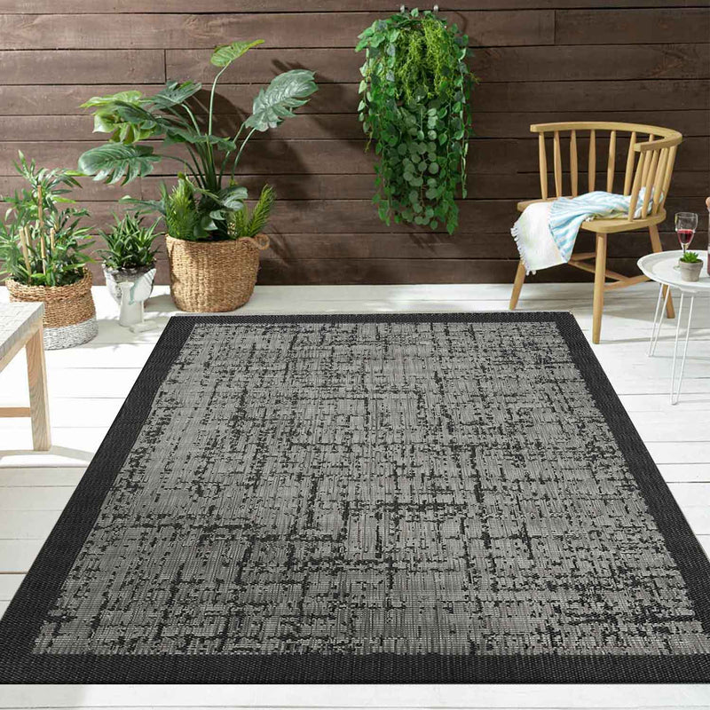Indoor and outdoor flatweave carpet for patio, balcony, conservatory; durable; abstract; grey, anthracite, brown-zoom-