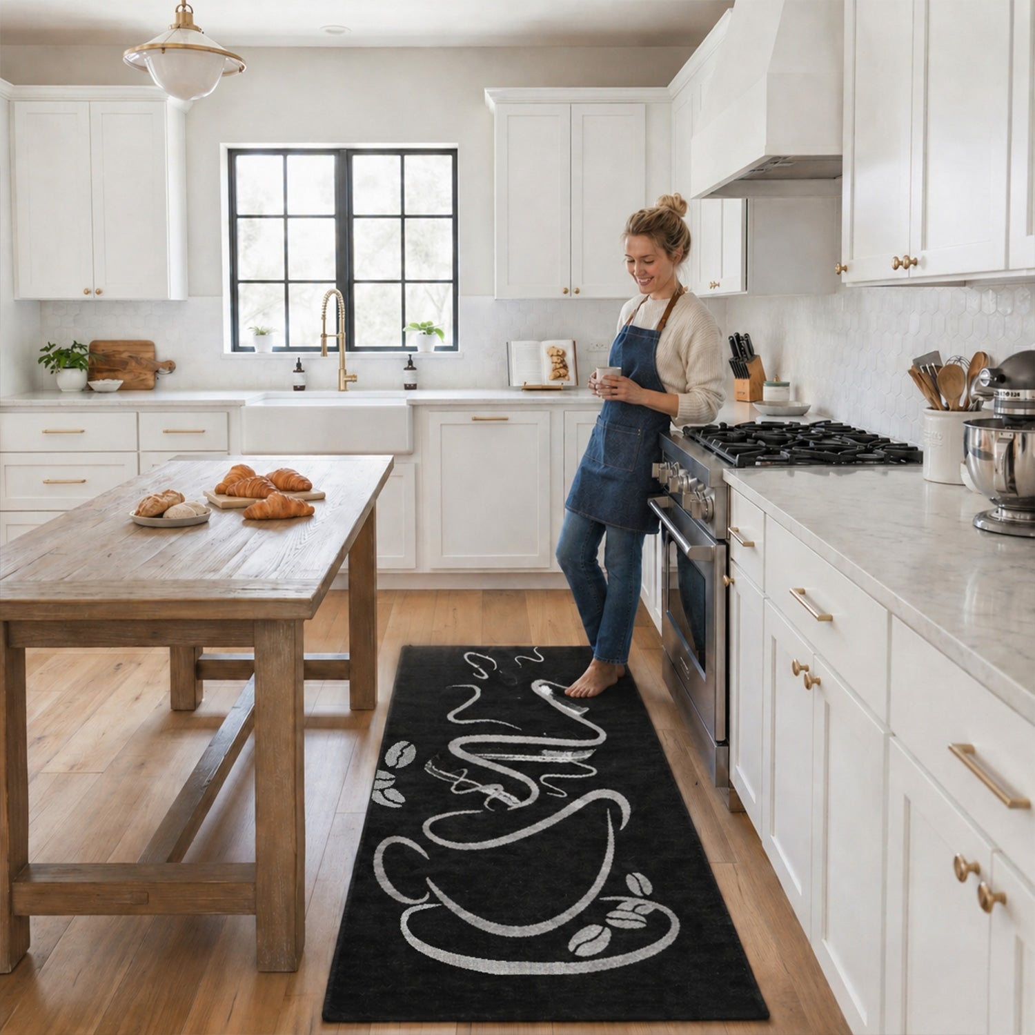 Küchenteppich Trendiger Kaffee Teppich, Cappuccino Muster Tasse Kurzflor in  Braun, Grau &Schwarz-zoom-1